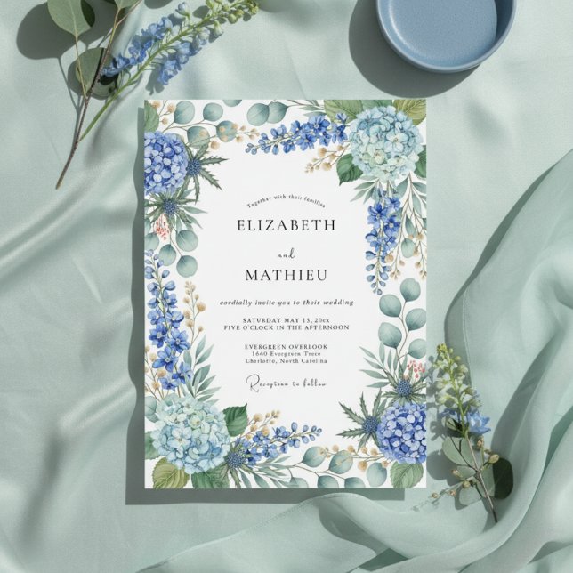 Invitation Mariage de printemps bleu botanique poussiéreux (Créateur téléchargé)