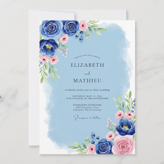 Invitation Mariage de printemps bleu cobalt serein (Devant)