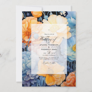 Invitation Mariage de printemps bleu et orange pâle