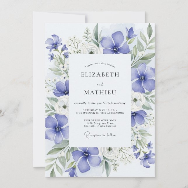 Invitation Mariage de printemps bleu éthéré et Pervenche (Devant)