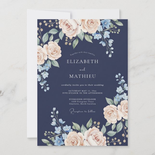 Invitation Mariage de printemps bleu marine royal (Devant)
