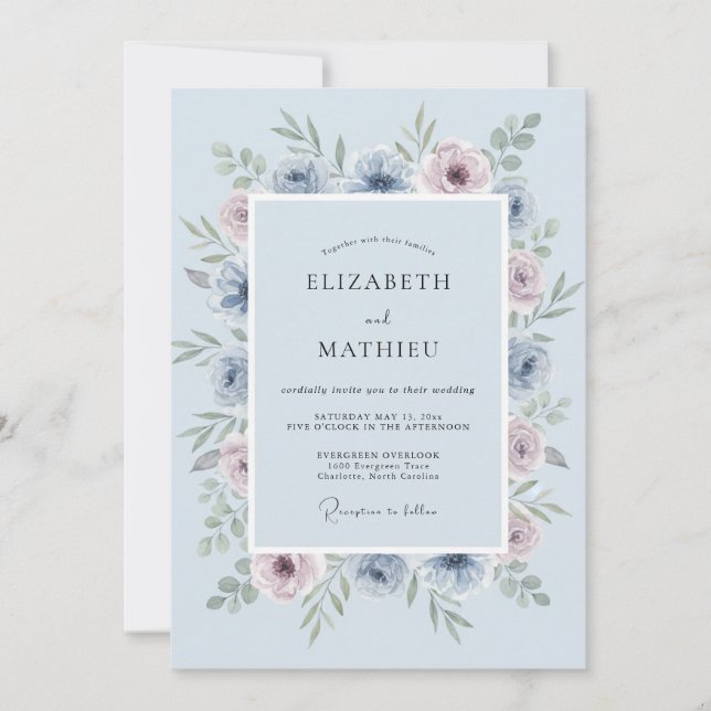 Invitation Mariage de printemps bleu poudré et rosé (Devant)