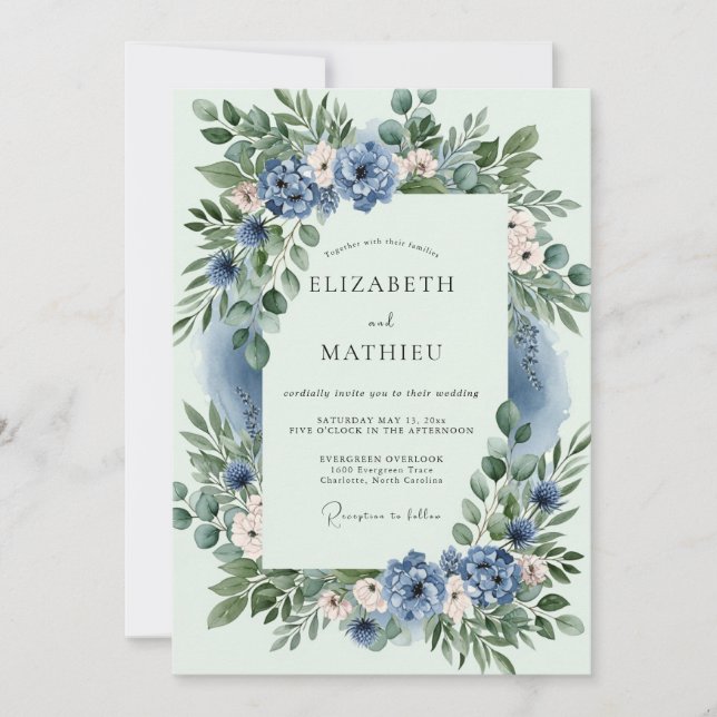 Invitation Mariage de printemps bleu poussiéreux éthéré (Devant)
