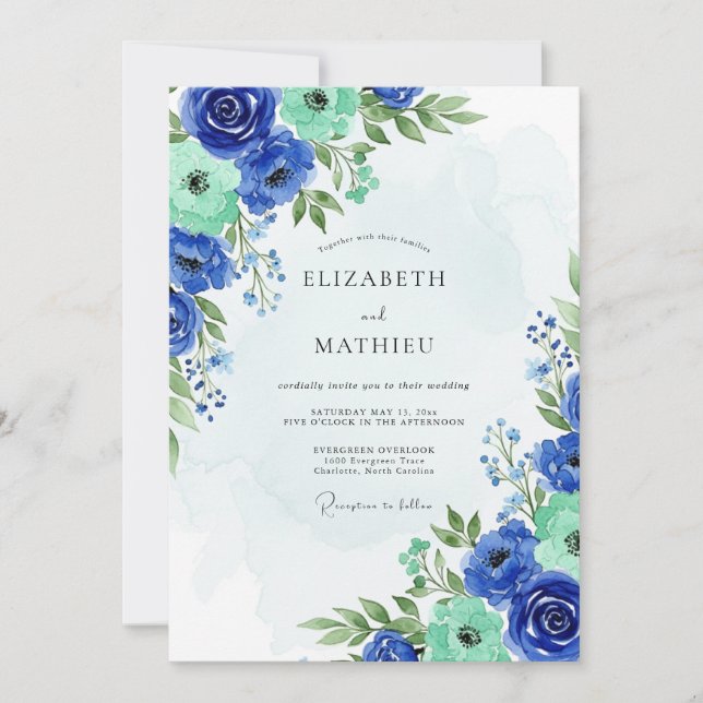 Invitation Mariage de printemps bleu royal luxuriant botaniqu (Devant)