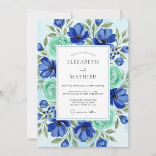 Invitation Mariage de printemps bleu royal peint à la main