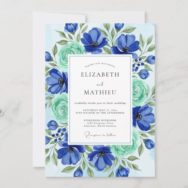 Invitation Mariage de printemps bleu royal peint à la main (Devant)