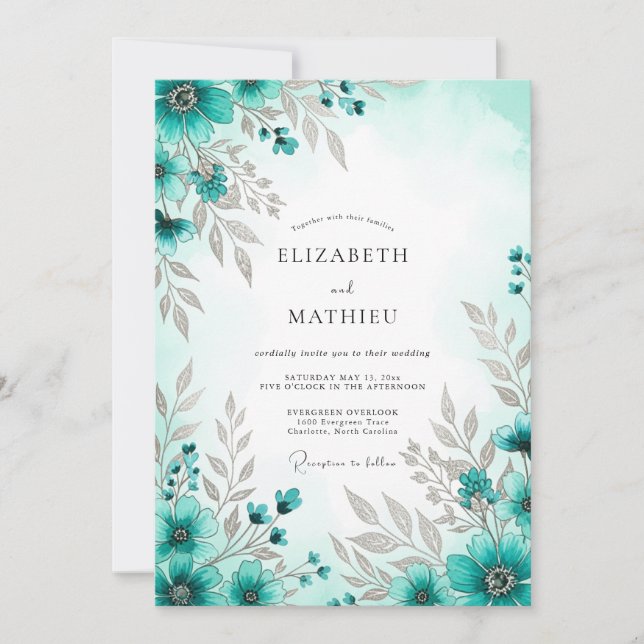 Invitation Mariage de printemps bleu sarcelle exquis (Devant)