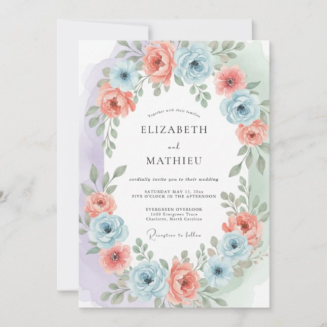 Invitation Mariage de printemps bleu saumon éthéré (Devant)