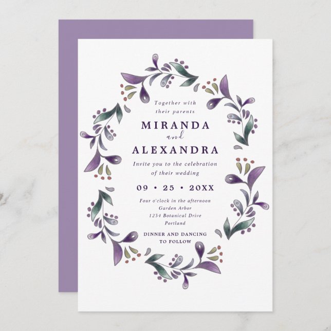 Invitation Mariage de printemps Boho violet et vert fleuri (Devant / Derrière)