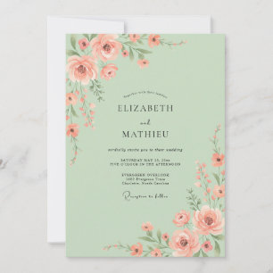 Invitation Mariage de printemps botanique vert sauge pêche