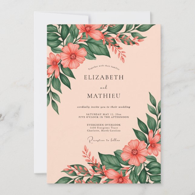 Invitation Mariage de printemps botanique vibrant pêche (Devant)