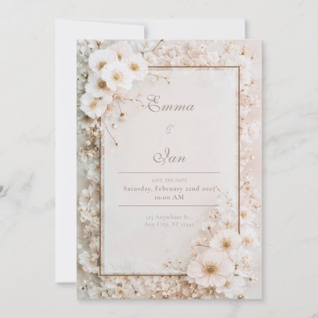 Invitation Mariage de printemps cadre or fleur blanche romant (Devant)
