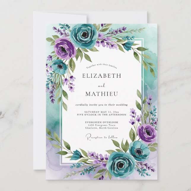 Invitation Mariage de printemps captivant lavande sarcelle (Devant)