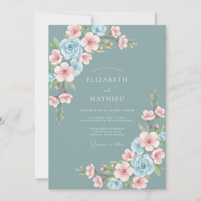 Invitation Mariage de printemps captivant sarcelle poussiéreu (Devant)