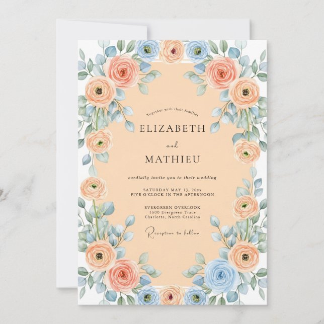 Invitation Mariage de printemps charmant bleu abricot (Devant)