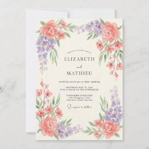 Invitation Mariage de printemps corail lavande gracieux