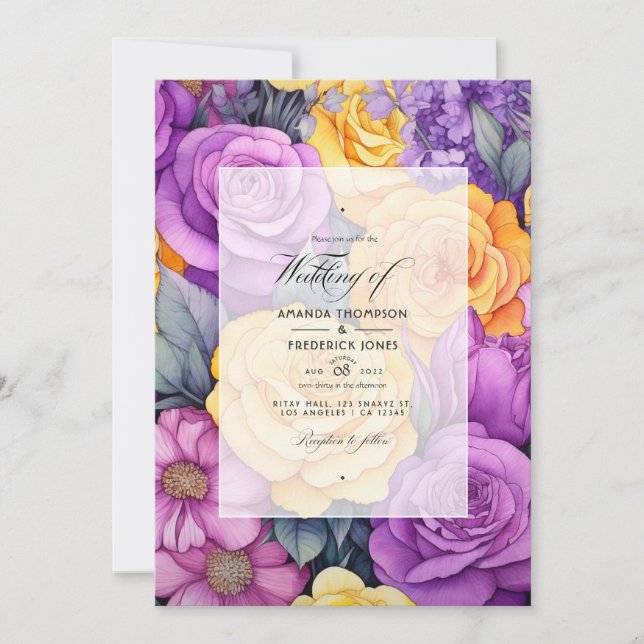 Invitation Mariage de printemps de lavande et de fleurs jaune (Devant)