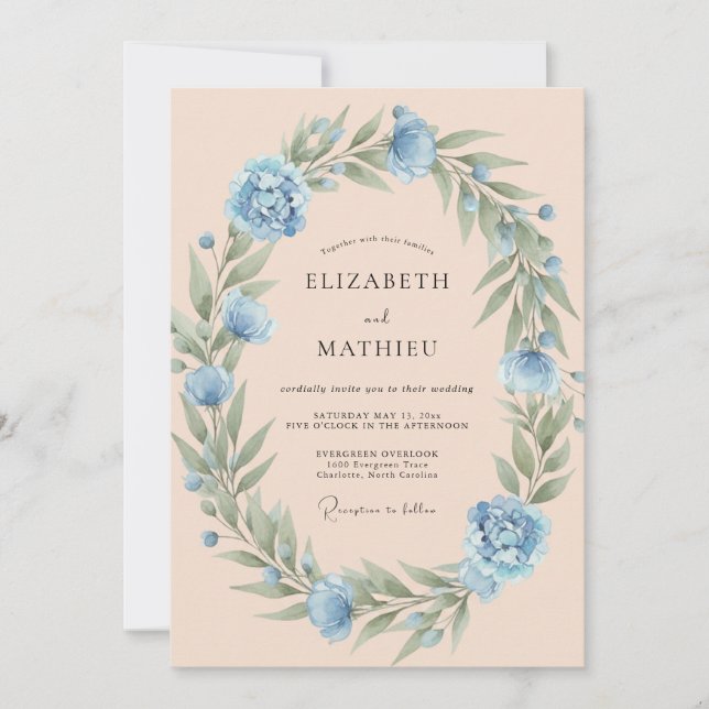 Invitation Mariage de printemps délicat bleu barbeau (Devant)