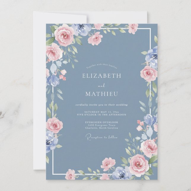 Invitation Mariage de printemps délicat bleu poussiéreux (Devant)