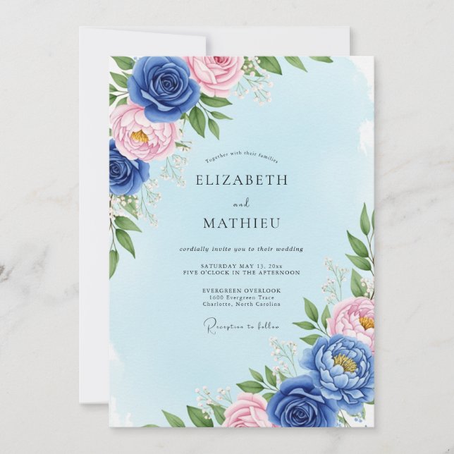 Invitation Mariage de printemps délicat bleu royal (Devant)