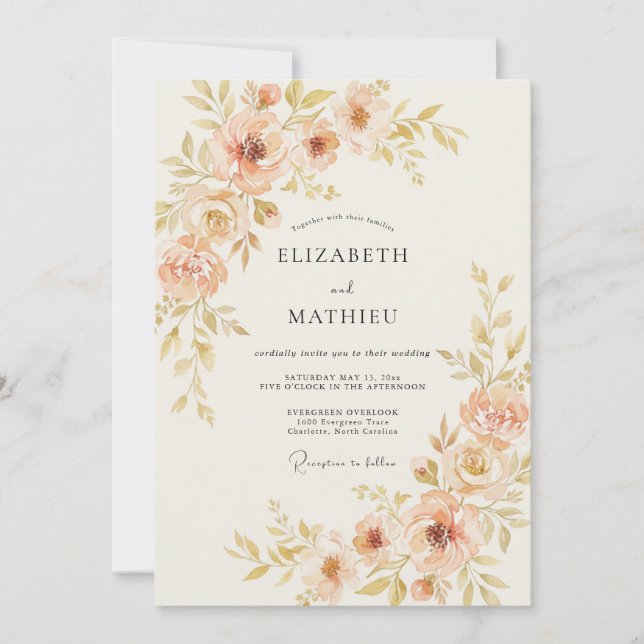 Invitation Mariage de printemps délicat botanique pêche (Devant)