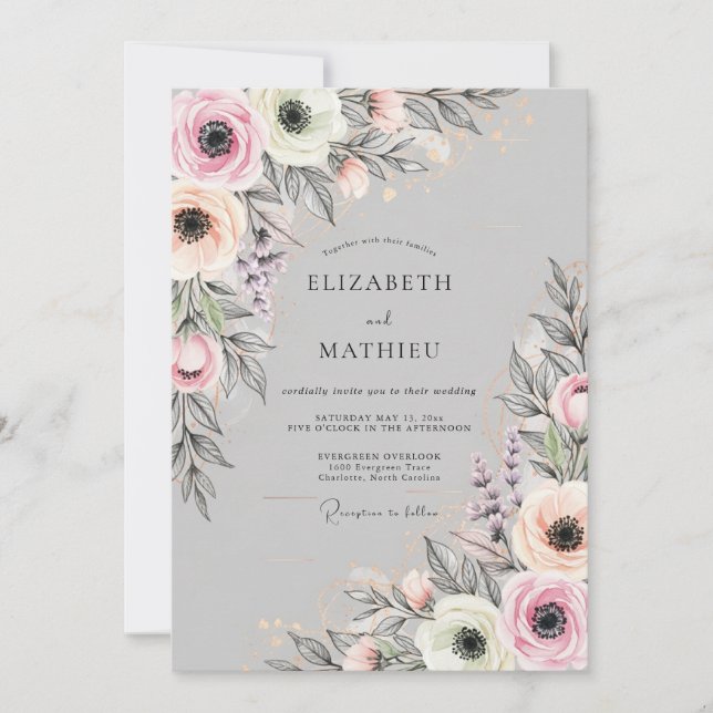 Invitation Mariage de printemps délicat gris clair (Devant)