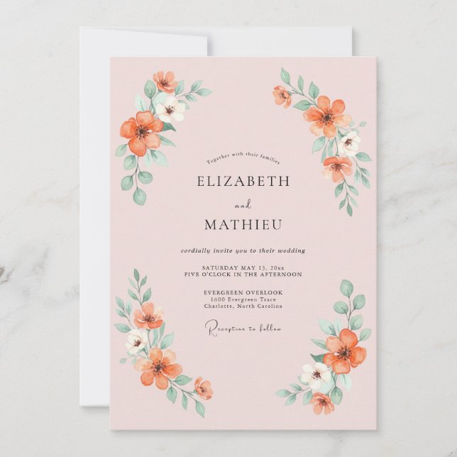 Invitation Mariage de printemps délicat orange rose (Devant)