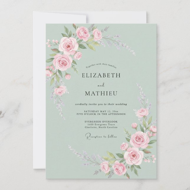 Invitation Mariage de printemps délicat vert sauge (Devant)