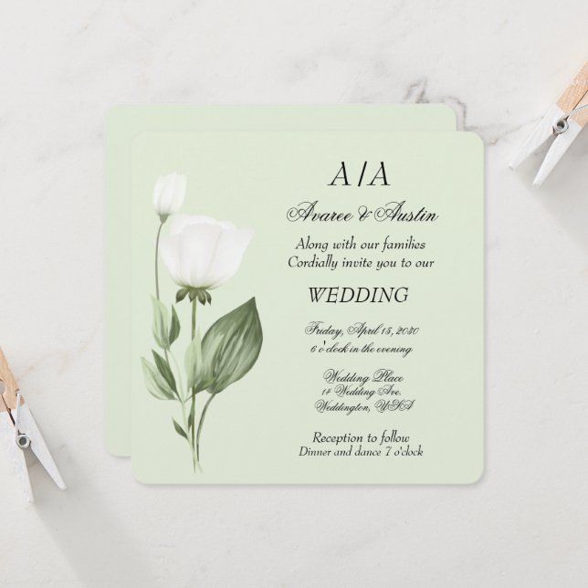 Invitation Mariage de printemps des Tulipes blanches (Devant/Arrière en situation)