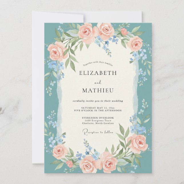 Invitation Mariage de printemps divin sarcelle (Devant)