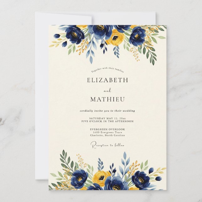 Invitation Mariage de printemps doré et marine enjoué (Devant)