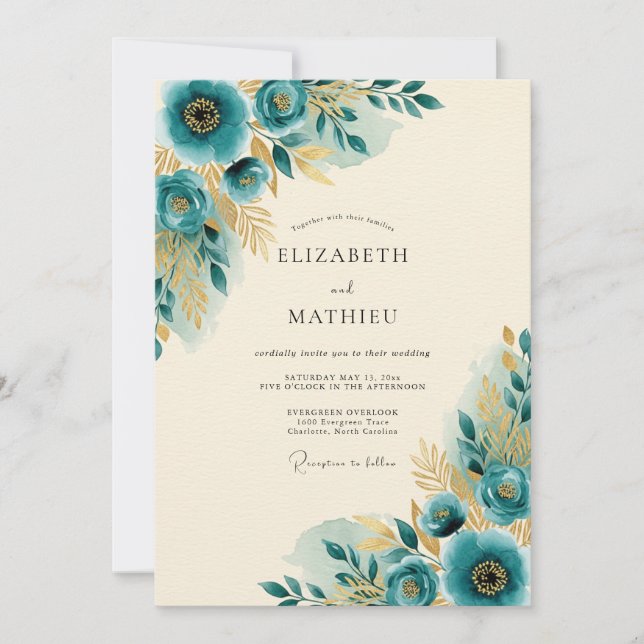 Invitation Mariage de printemps doré sarcelle (Devant)