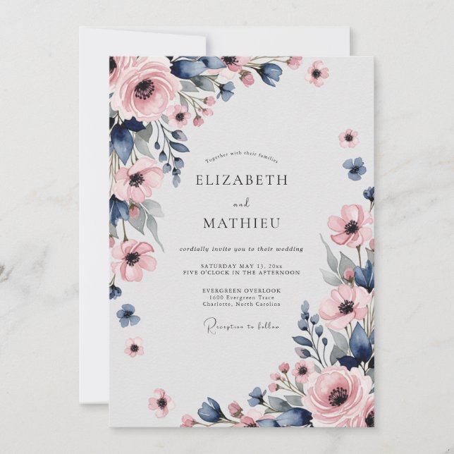 Invitation Mariage de printemps élégant bleu marine rose (Devant)