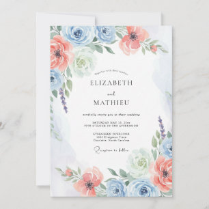 Invitation Mariage de printemps en bleu poussiéreux de corail