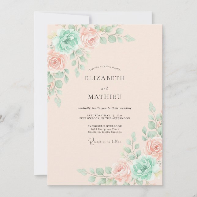 Invitation Mariage de printemps éthéré aux teintes de menthe  (Devant)