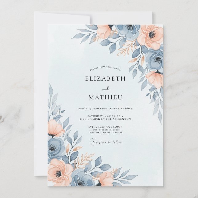 Invitation Mariage de printemps éthéré bleu ardoise (Devant)