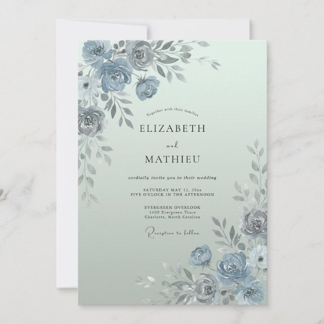 Invitation Mariage de printemps éthéré bleu brumeux (Devant)