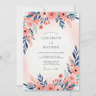 Invitation Mariage de printemps éthéré bleu marine et pêche