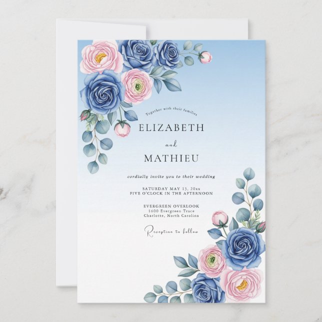 Invitation Mariage de printemps éthéré bleu marine et rose (Devant)