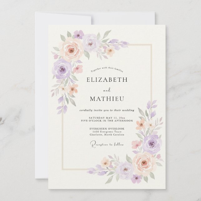 Invitation Mariage de printemps éthéré lavande et pêche (Devant)