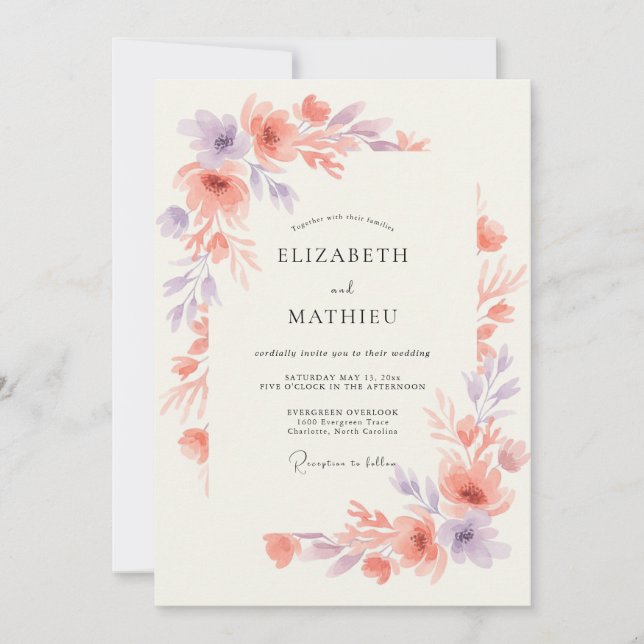 Invitation Mariage de printemps éthéré lavande pêche (Devant)
