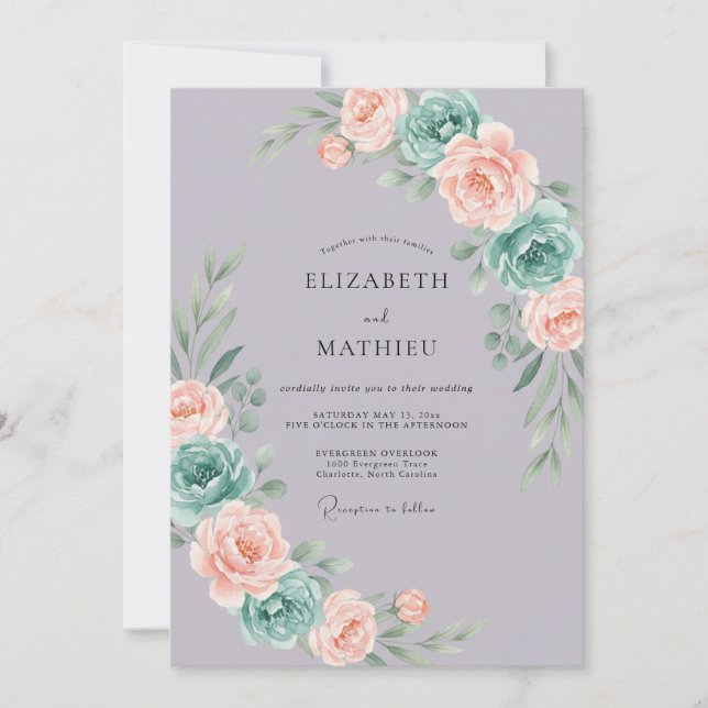 Invitation Mariage de printemps éthéré sarcelle et lavande (Devant)