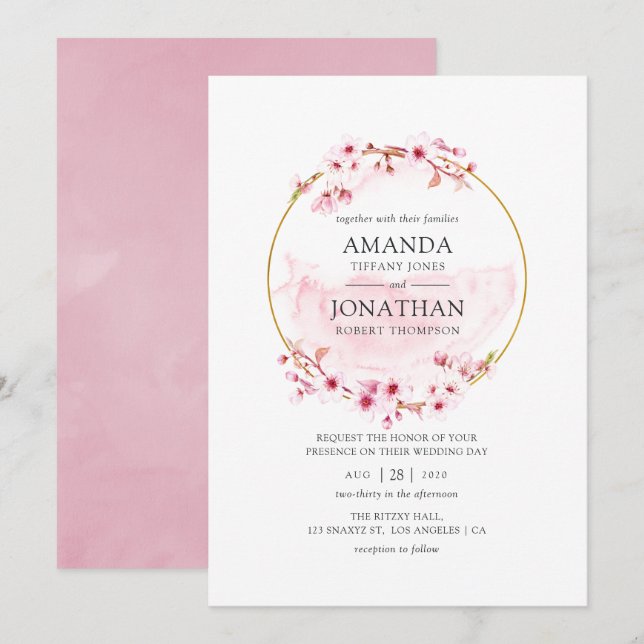 Invitation Mariage de printemps Fleur de cerisier rose géomét (Devant / Derrière)