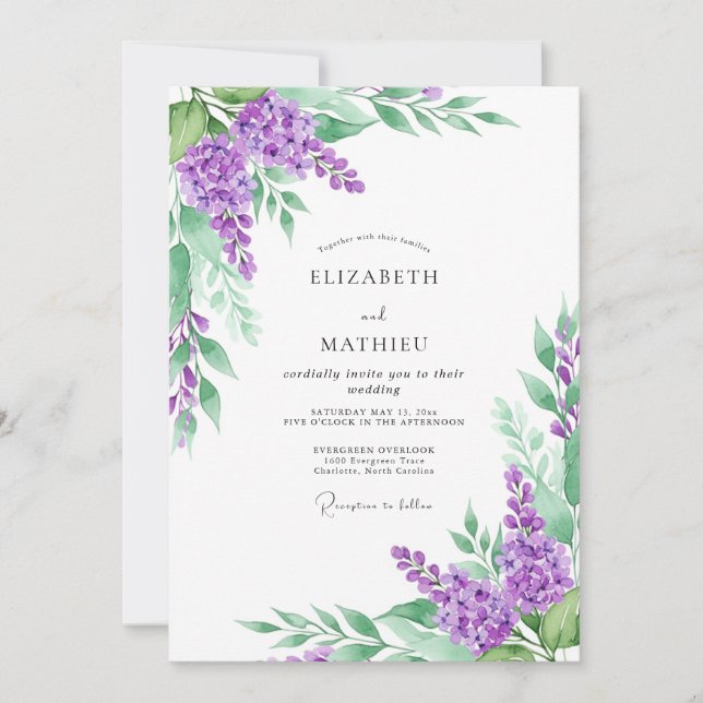 Invitation Mariage de printemps fleuri au lavande (Devant)
