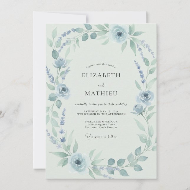 Invitation Mariage de printemps fleuri bleu poussiéreux (Devant)