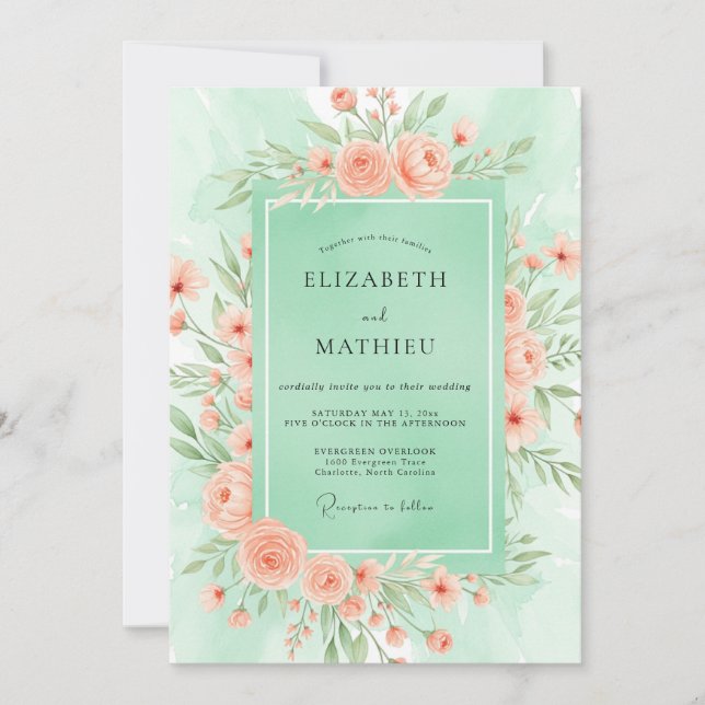 Invitation Mariage de printemps fleuri vert menthe (Devant)