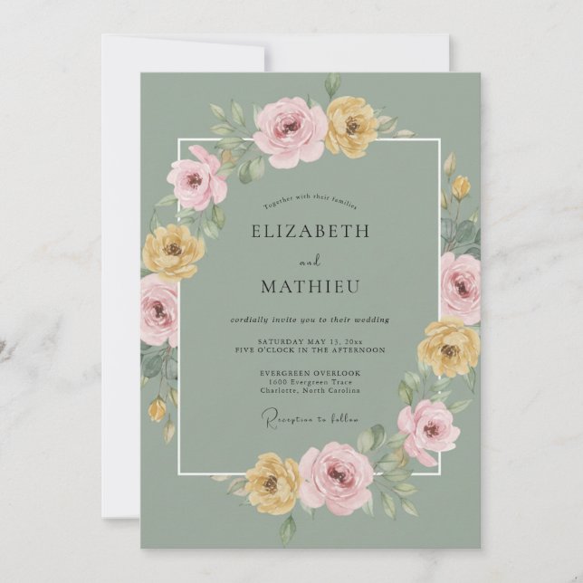 Invitation Mariage de printemps fleuri vert sauge (Devant)