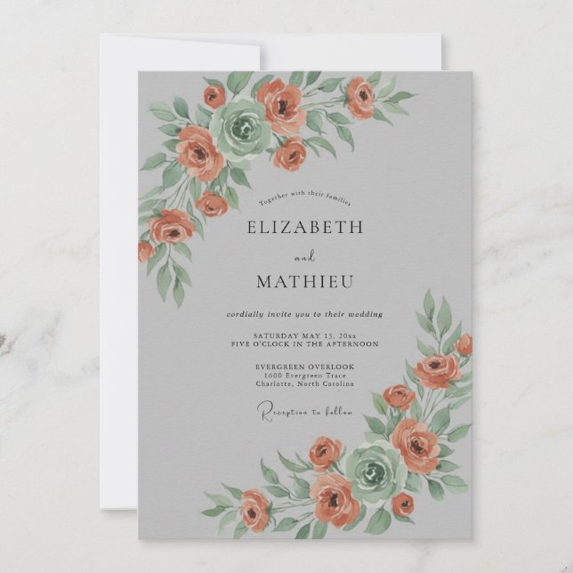 Invitation Mariage de printemps floral aquarelle corail (Devant)