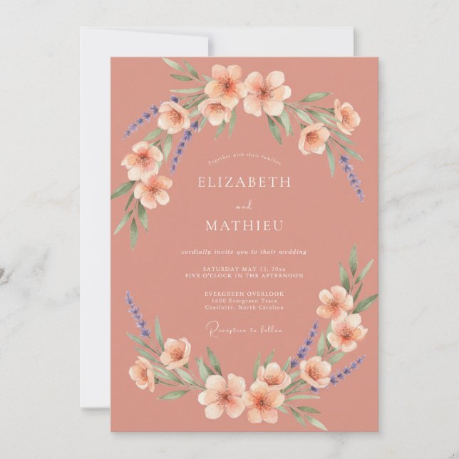 Invitation Mariage de printemps floral aquarelle pêche (Devant)