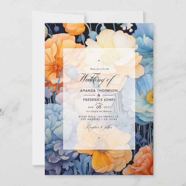 Invitation Mariage de printemps floral bleu et orange pâle (Devant)